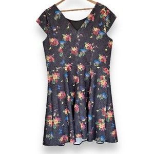 Splash Floral Bird Print Mini Skater Cap Sleeve Dress Size 14
